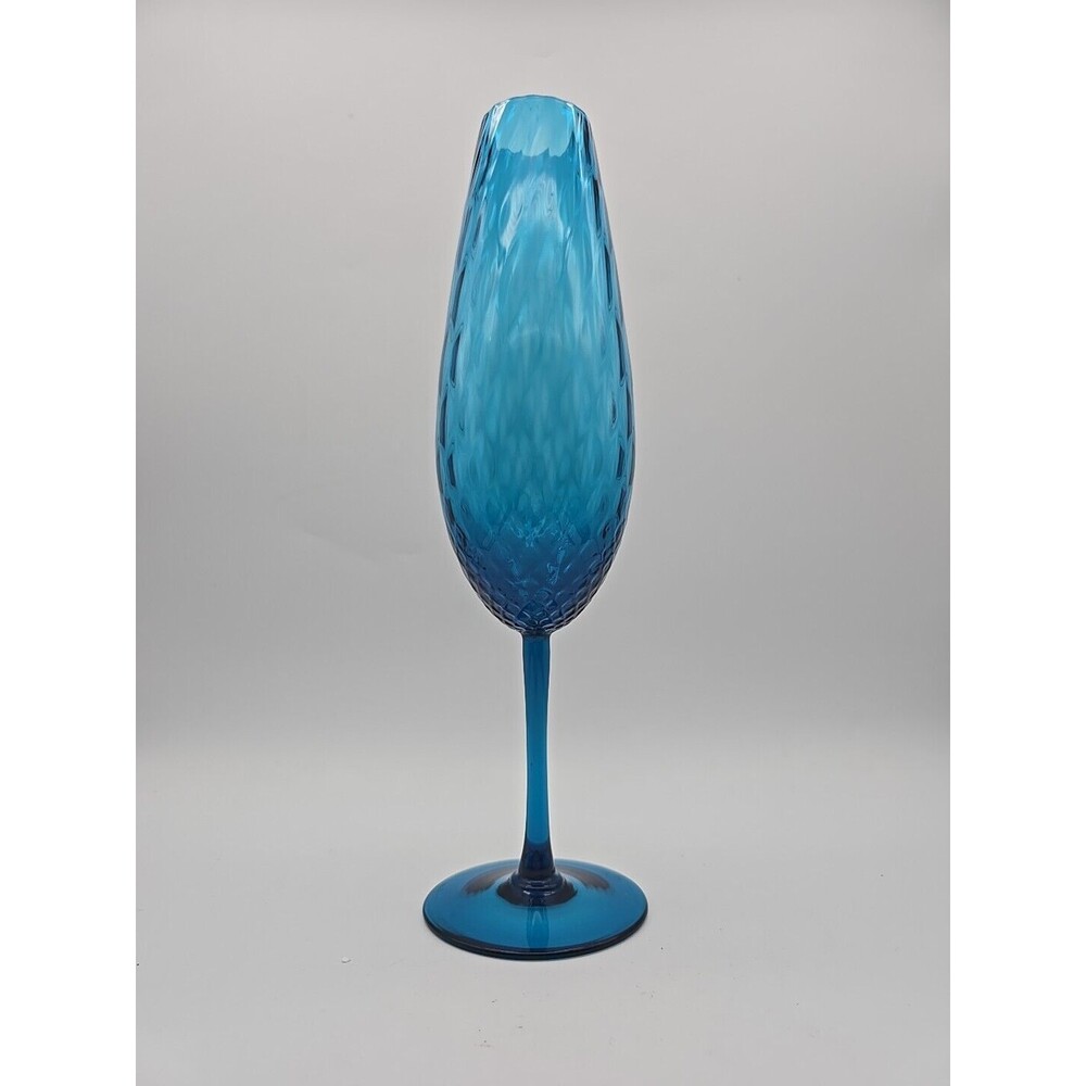 Vtg Empoli Blue Diamomd Optic Blown Art Glass Vase 12.75 " MCM Footed